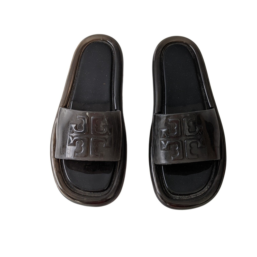 Tory Burch Bubble Jelly Slide Sandal Black Womens Size 6B Double T Logo Slip‎ On